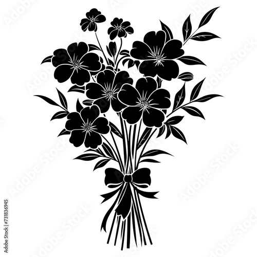 Silhouette spring flower bouquet tied with ribbon black color only