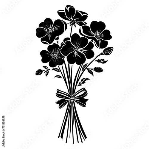 Silhouette spring flower bouquet tied with ribbon black color only