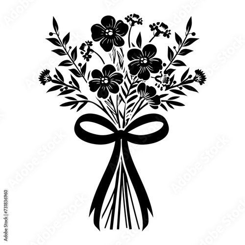 Silhouette spring flower bouquet tied with ribbon black color only