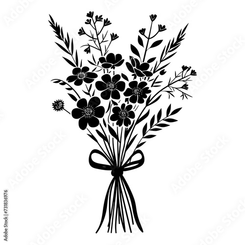 Silhouette spring flower bouquet tied with ribbon black color only