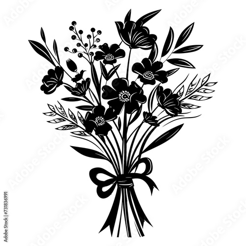 Silhouette spring flower bouquet tied with ribbon black color only