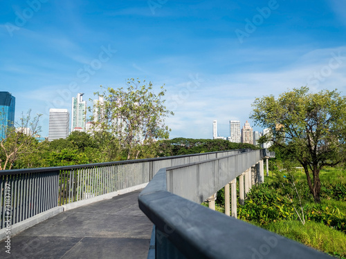 Benjakitti Forest Park with a cityscape in Bangkok, Thailand.