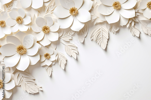 Paper cut flowers and leaves, Fresh spring nature background. Floral banner, poster, flyer template with copy space.