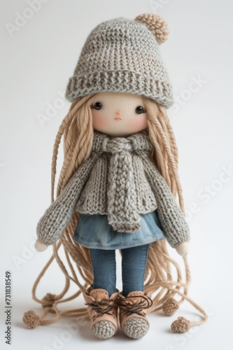 A knitted doll with long hair in gray clothes, a soft toy for children. photo