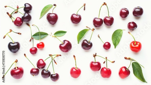 Assorted fresh cherries and leaves scattered on a white background