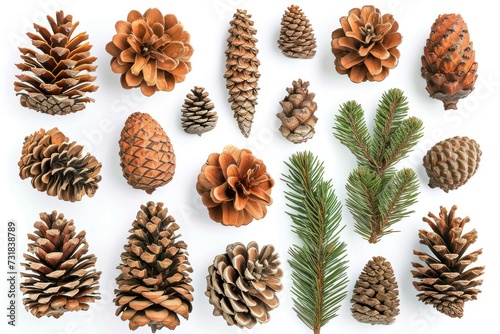 Various pine cones and green needles on a white background