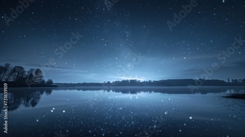 Starry night casting reflections over a tranquil lake