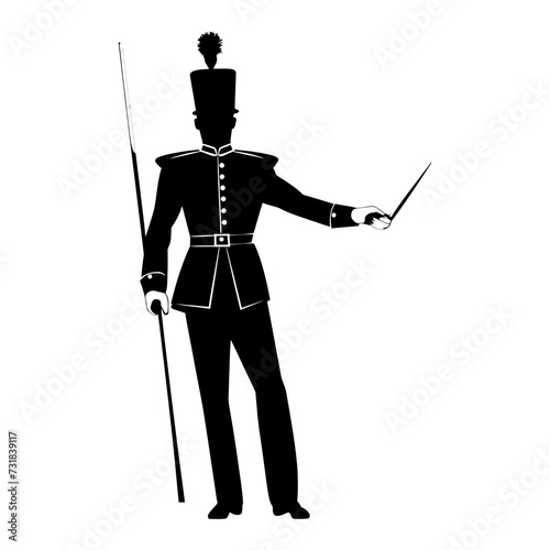 Silhouette drum major with mace in perform marching band leader