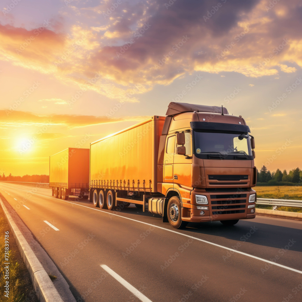 Container truck on highway at sunset, symbolizing logistics and transportation industry. AI generative.