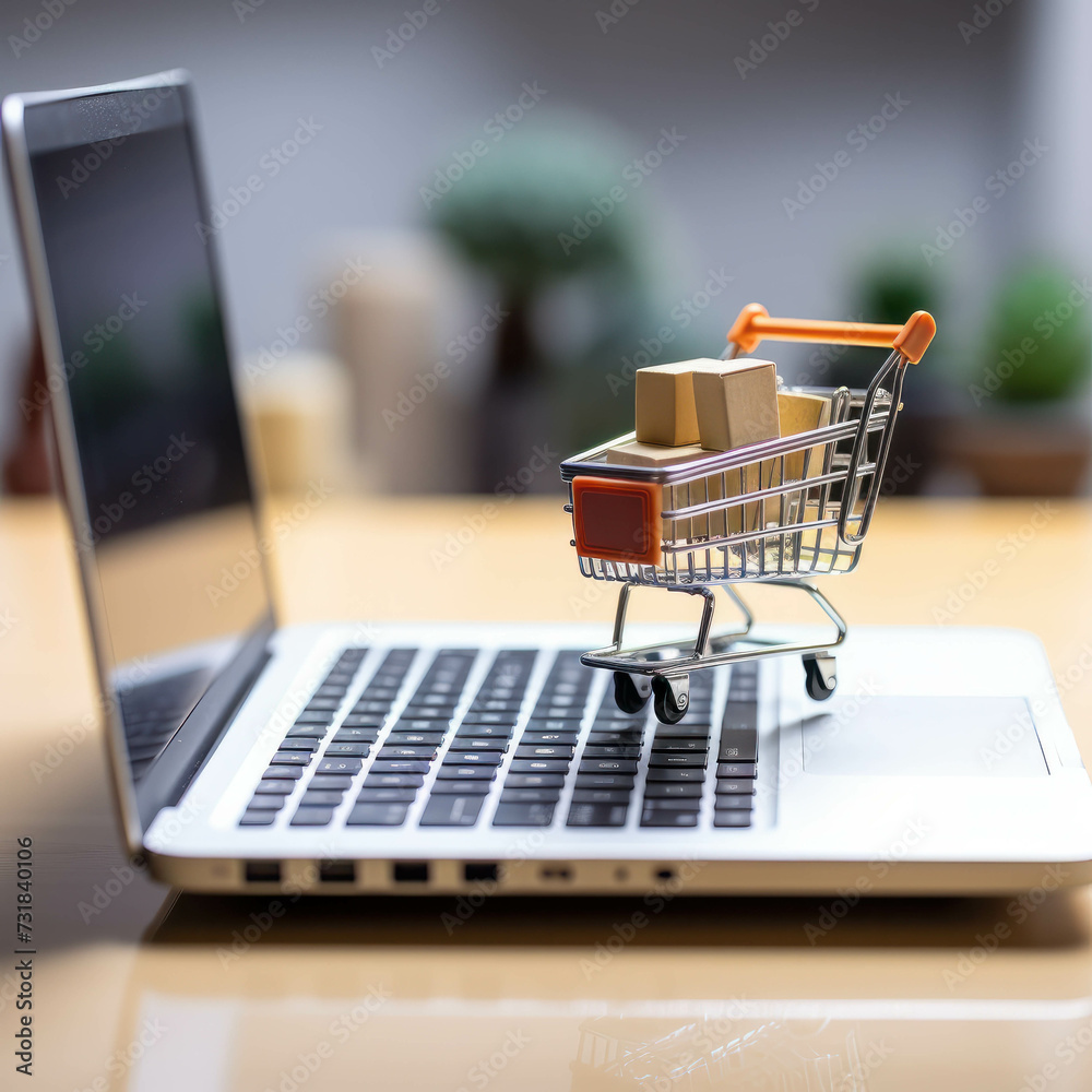 Online shopping concept with miniature shopping cart standing in front of laptop --v 5.2 Job ID: fe667cfc-0fbe-4752-ac55-981dfc751a5b