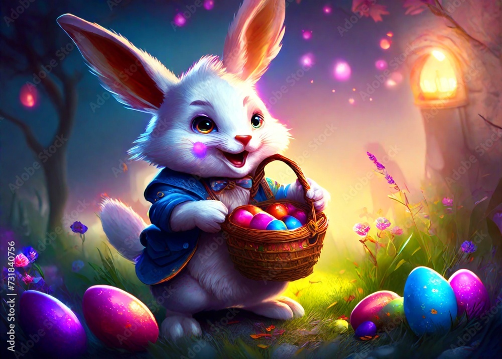 Cartoon little Easter bunny in the meadow in a fantasy world Cartoon little Easter bunny in the meadow in a fantasy world