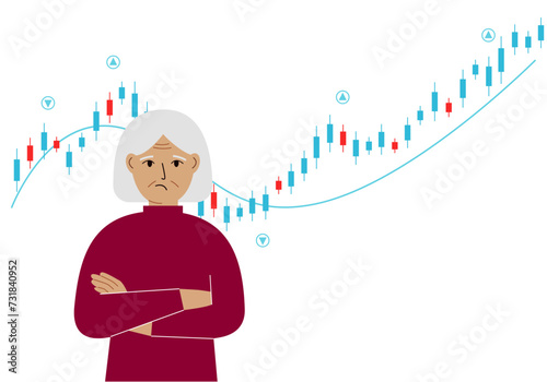 A grandmother on the background of a Forex chart. Conceptual illustration on the topic of strategic planning in trading on the stock exchange.