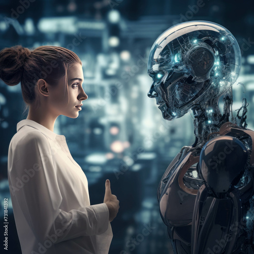 Engage with the future in this captivating image, where a person interacts with robotic AI, exploring the boundaries of futuristic technology. AI generative.
