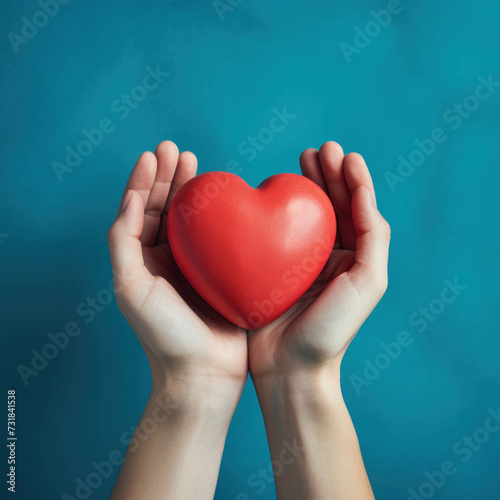 Expressing emotions through touch, hands delicately hold a red heart against a soothing blue background. A symbol of love and unity intricately captured with AI generative technology.
