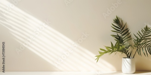 Minimalistic design with blurry shadows from plants on a light wall, an excellent background for a product presentation, free space