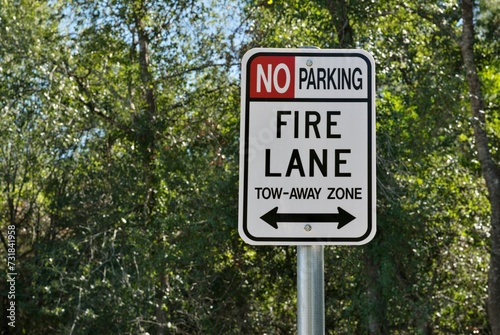 Fire Lane and no parking sign closeup isolated with a backdrop of tree canopy and copy space.
