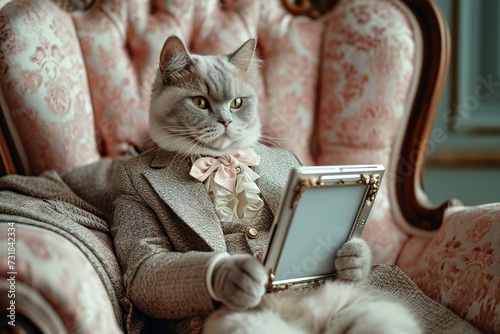 the cat in a suit has an ipad, Business cat wearing suit, Ragdoll cat kitten isolated in glam fashionable couture high end outfits isolated Creative animal concept © Koplexs-Stock
