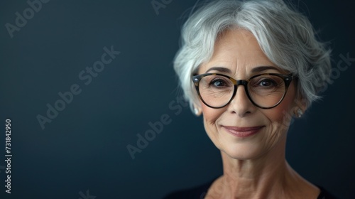 Gray-haired woman with glasses smiling against a dark blue background. © iuricazac