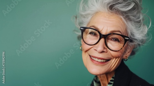Elegant older woman with gray hair wearing black glasses smiling against a teal background.