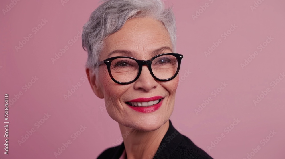 Smiling woman with short gray hair wearing black glasses and red lipstick against a pink background.
