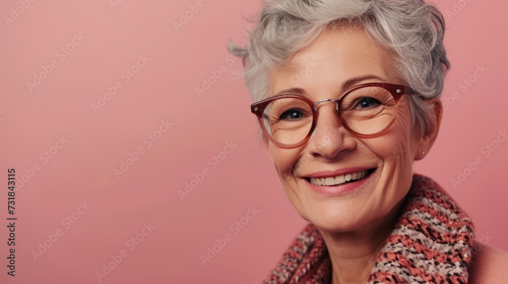 Smiling woman with gray hair wearing glasses and a scarf against a pink background.