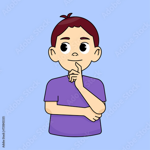 The boy looks thoughtfully at the upper left corner, thinking or imagining something