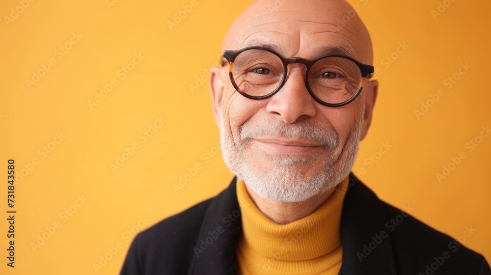 Bald man with glasses and a gray beard wearing a black jacket and a yellow turtleneck smiling against a yellow background. Bald man with glasses and a gray beard wearing a black jacket and a yellow turtleneck smiling against a yellow background.