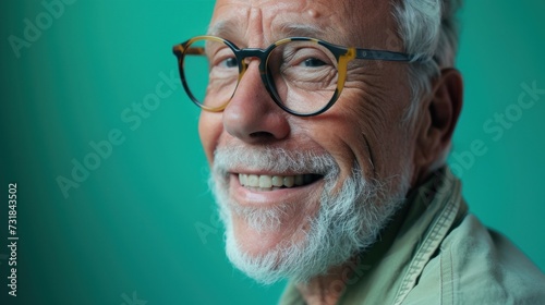 Smiling elderly man with white beard and glasses wearing green shirt against teal background.