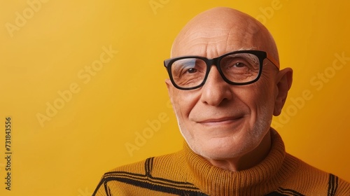 An elderly man with a bald head wearing glasses and a striped sweater smiling against a yellow background.