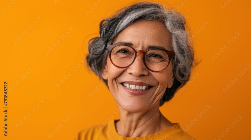 A smiling woman with gray hair and glasses wearing a yellow top against an orange background. A smiling woman with gray hair and glasses wearing a yellow top against an orange background.