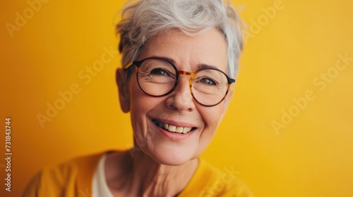 Smiling elderly woman with gray hair and glasses wearing a yellow top against a solid yellow background.