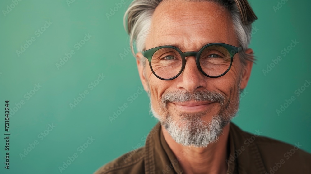 Fototapeta premium Smiling man with gray beard and hair wearing round glasses against green background.