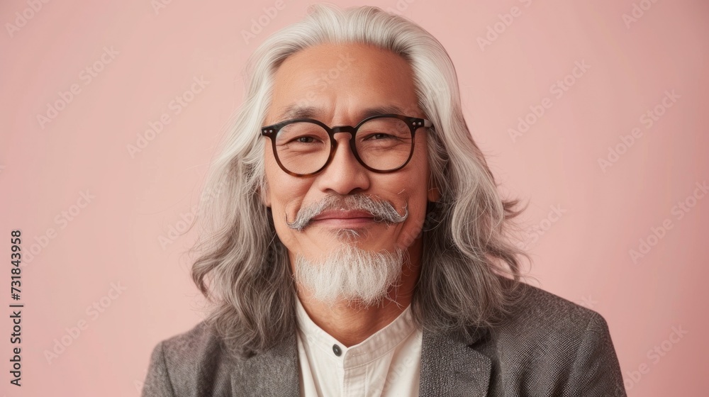 An elderly Asian man with a white beard and mustache wearing glasses and a gray suit smiling against a pink background.