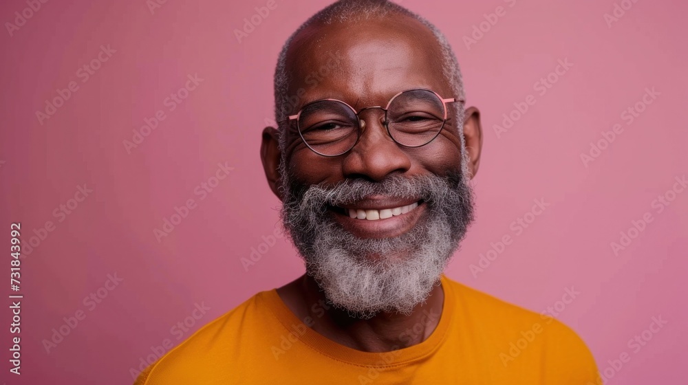 Smiling elderly man with white beard and glasses wearing a bright orange shirt against a soft pink background. Smiling elderly man with white beard and glasses wearing a bright orange shirt against a soft pink background.