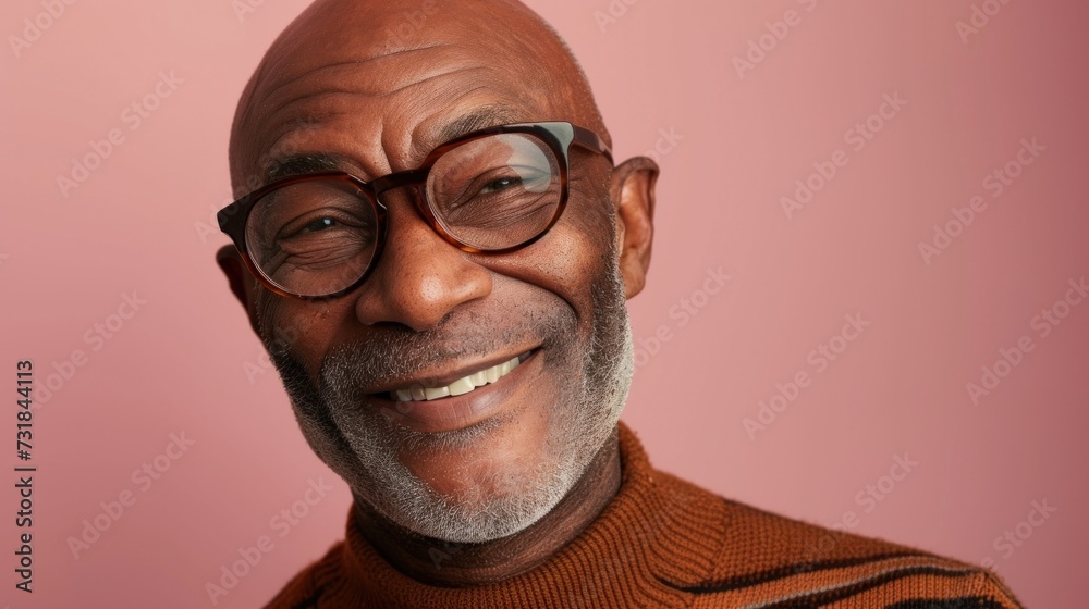 Smiling man with glasses and gray beard wearing a brown sweater against a pink background. Smiling man with glasses and gray beard wearing a brown sweater against a pink background.