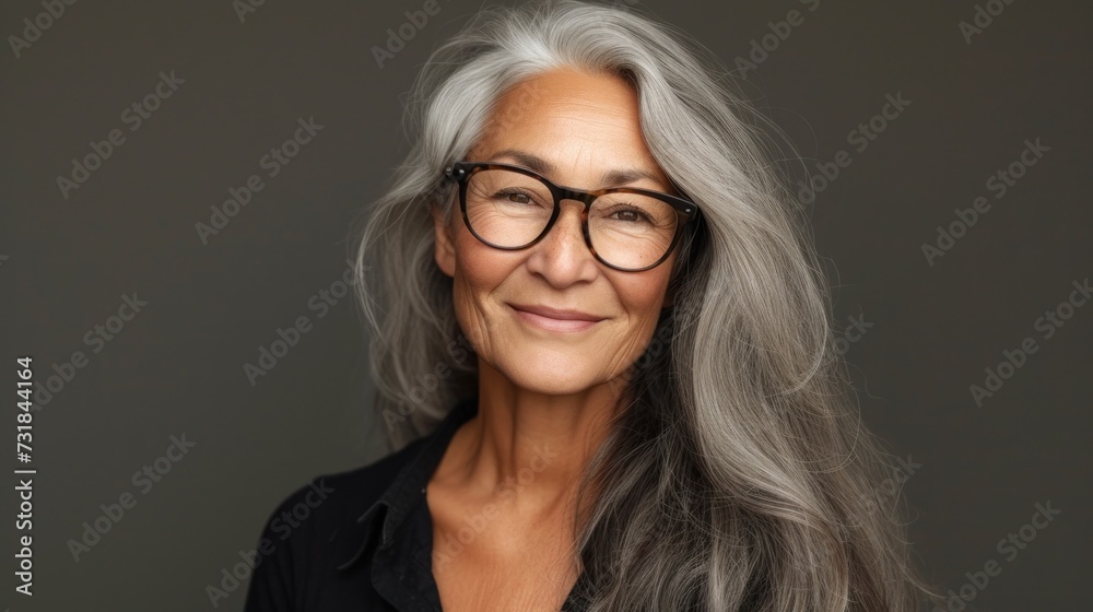 A woman with silver hair and glasses smiling at the camera wearing a black top with a V•neckline. A woman with silver hair and glasses smiling at the camera wearing a black top with a V•neckline.