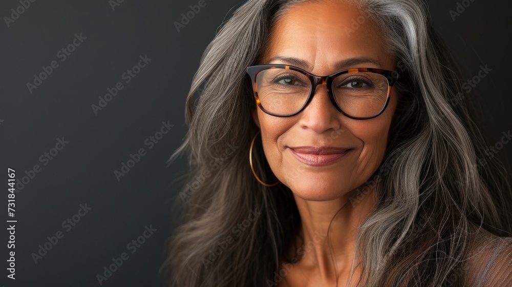 A woman with gray hair wearing glasses and a gold hoop earring smiling against a dark background.
