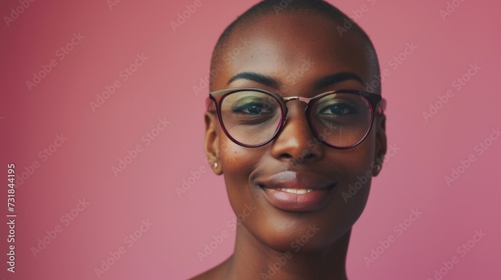 Smiling woman with short hair wearing glasses and earrings against pink background. Smiling woman with short hair wearing glasses and earrings against pink background.