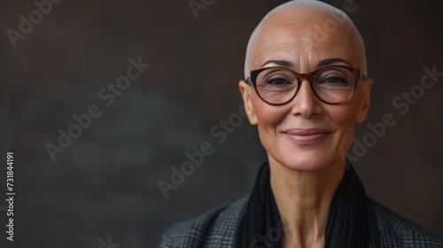 A bald woman with glasses smiling wearing a black scarf and a dark blazer against a blurred background.
