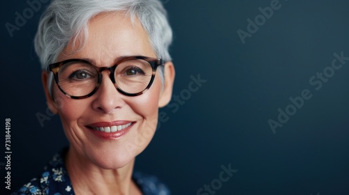 Elegant woman with silver hair and glasses smiling against a dark blue background.