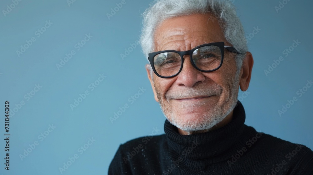 An elderly man with white hair wearing glasses and a black turtleneck smiling against a blue background.