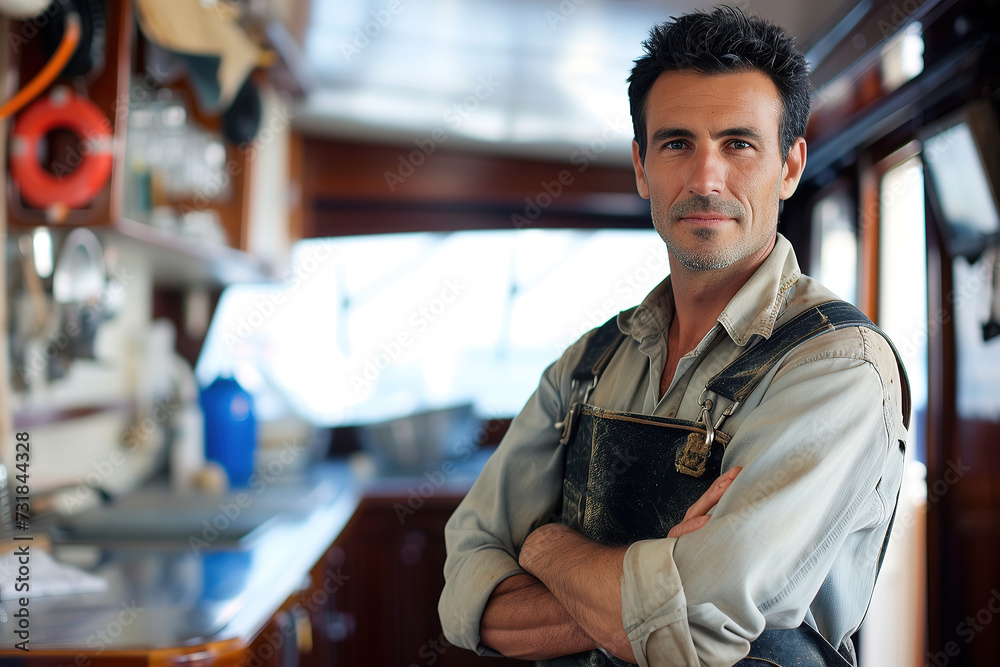Fototapeta premium Confident and successful boat cleaning business owner standing in his office.