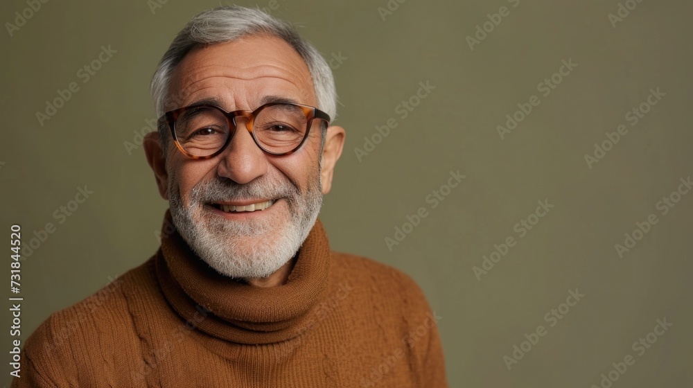 Obraz premium Smiling man with white beard and glasses wearing brown turtleneck against a neutral background.
