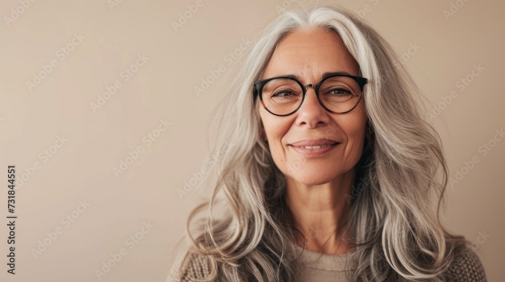 Smiling woman with gray hair and glasses wearing a beige sweater against a light beige background.