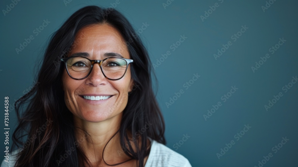 A woman with long dark hair wearing glasses smiling at the camera against a blue background. A woman with long dark hair wearing glasses smiling at the camera against a blue background.