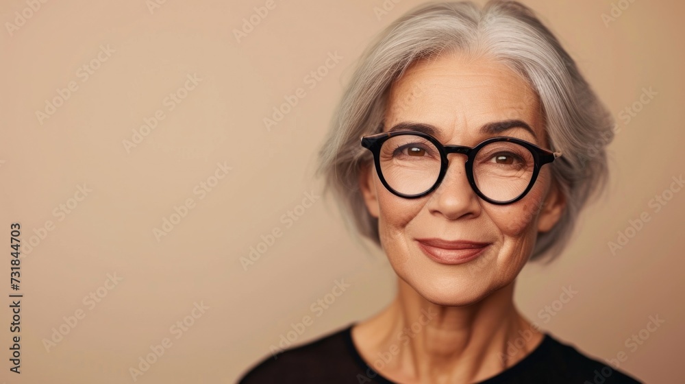 A close-up portrait of an elderly woman with gray hair wearing glasses and smiling gently against a soft-focus beige background. A close-up portrait of an elderly woman with gray hair wearing glasses and smiling gently against a soft-focus beige background.