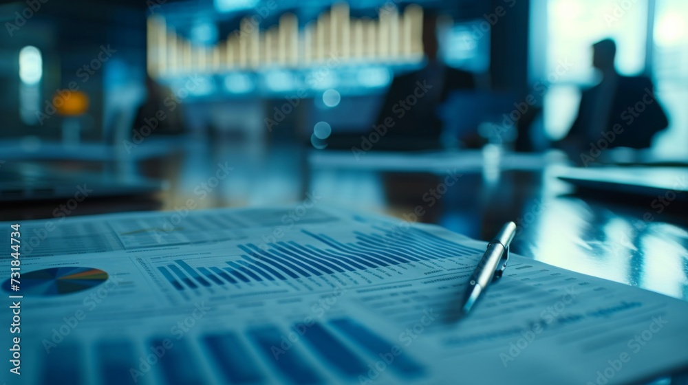 Close-up of financial charts on a table during a blurred background corporate business meeting.. Close-up of financial charts on a table during a blurred background corporate business meeting..