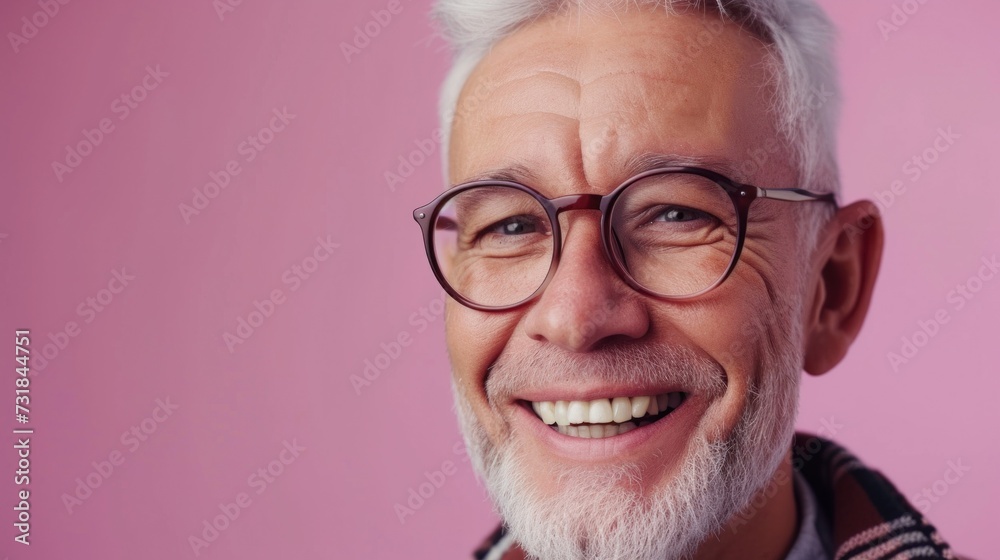Smiling older man with white hair and beard wearing glasses against pink background. Smiling older man with white hair and beard wearing glasses against pink background.