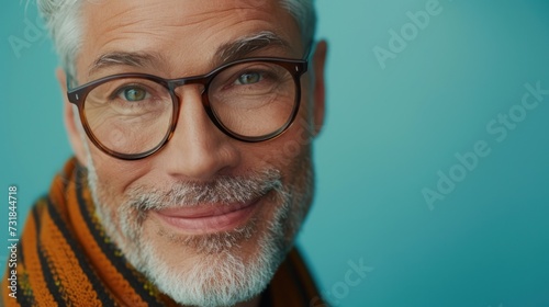 A man with silver hair wearing glasses smiling and wearing a scarf against a blue background. © iuricazac