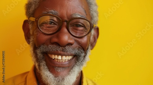 A joyful man with a white beard and glasses wearing a yellow shirt smiling against a yellow background.